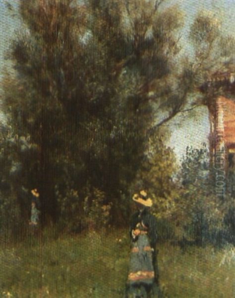 Junge Dame In Parklandschaft Oil Painting by Wilhelm August Lebrecht Amberg