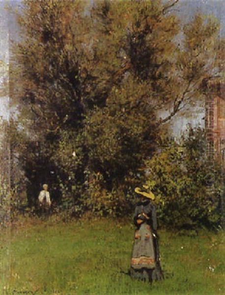 Parklandschaft Mit Zwei Damen Und Blick Auf Eine Villa Oil Painting by Wilhelm August Lebrecht Amberg