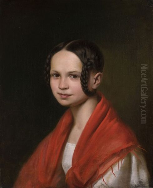 Bildnis Eines Jungen Madchens Mit Rotem Tuch Und Zopfen Oil Painting by Friedrich von Amerling