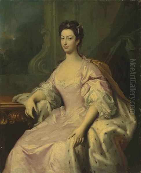 Portrait Of Princess Caroline Elizabeth (1713-1757), Daughter Of King George Ii, Three-quarter-length, In A Pink Dress And Ermine-lined Cloak Oil Painting by Jacopo Amigoni