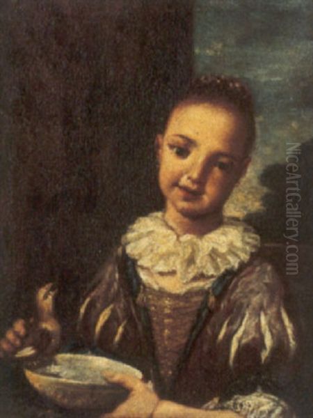 Fanciulla Con Uccellino Che Si Bagna In Una Ciotola Oil Painting by Antonio Mercurio Amorosi