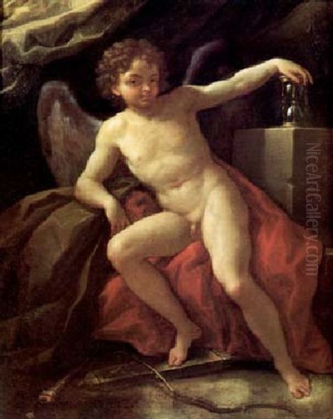 Cupido Seduto Con Una Clessidra Nella Destra E L'arco Elle Frecce Ai Piedi: Amor Domato Oil Painting by Antonio Mercurio Amorosi