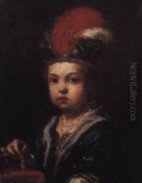 A Child, Half Length, Wearing A Feathered Cap, Holding A Pearl Earring Oil Painting by Antonio Amorosi