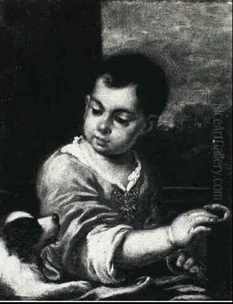 Child Holding A Ciambella, A Dog To The Left Oil Painting by Antonio Mercurio Amorosi
