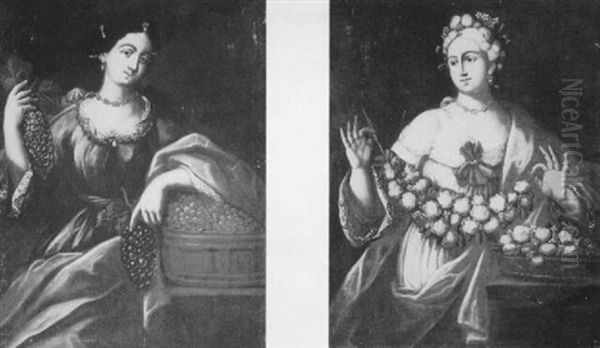 Summer: A Lady Holding A Garland Of Flowers; And            Autumn: A Lady Holding A Tub Of Grapes Oil Painting by Antonio Amorosi