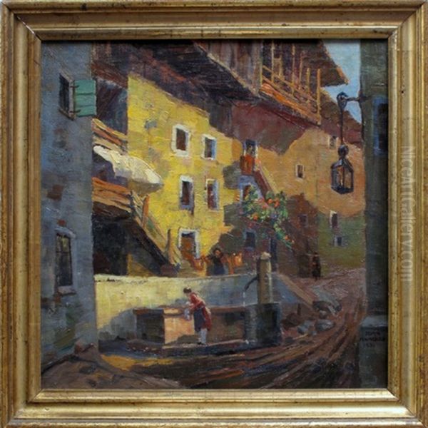 Dorfansicht Mit Frau An Brunnen Oil Painting by Joan Anacker