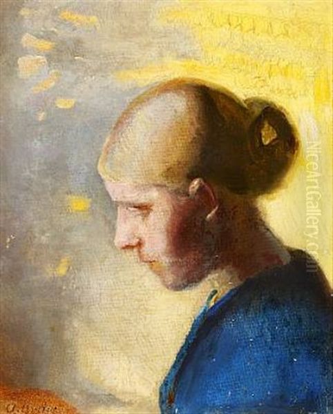 Portrait Of A Young Blond Girl In A Blue Dress With Her Hair In A Bun by Anna Kirstine Ancher