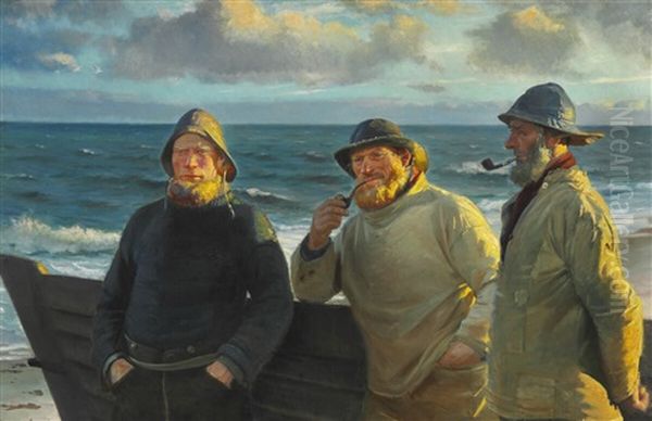 Fishermen From Skagen Standing On The Beach In The Evening Sun Oil Painting by Michael Peter Ancher