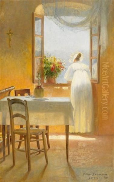 Sommertag Auf Gargano An Der Ostkuste Italiens. Junge Frau Am Fenster Mit Blick Auf Die See Oil Painting by Cilius (Johannes Konrad) Andersen