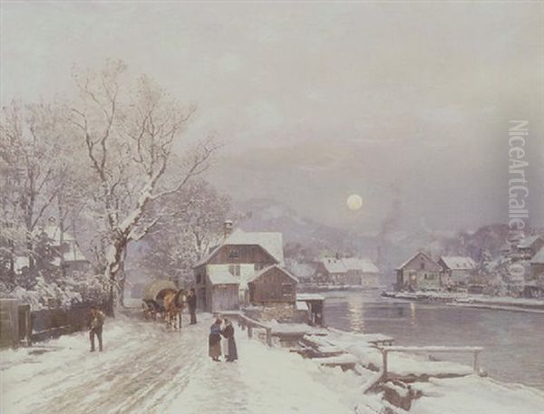 Sydtysk Bymotiv Med Huse Og Figurer Ved En Flod, Vinter Oil Painting by Anders Andersen-Lundby