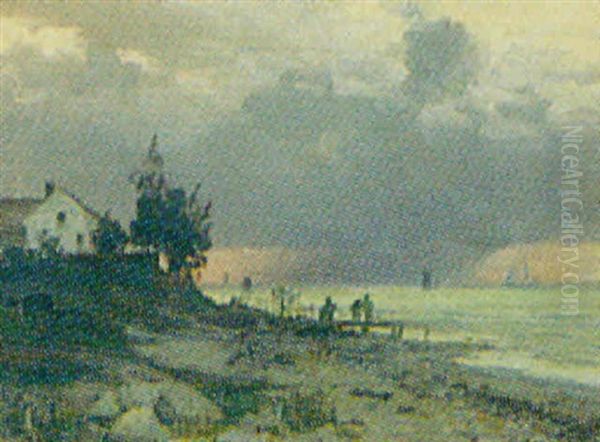Kystparti Med Personer Pa Badebro Oil Painting by Anders Andersen-Lundby