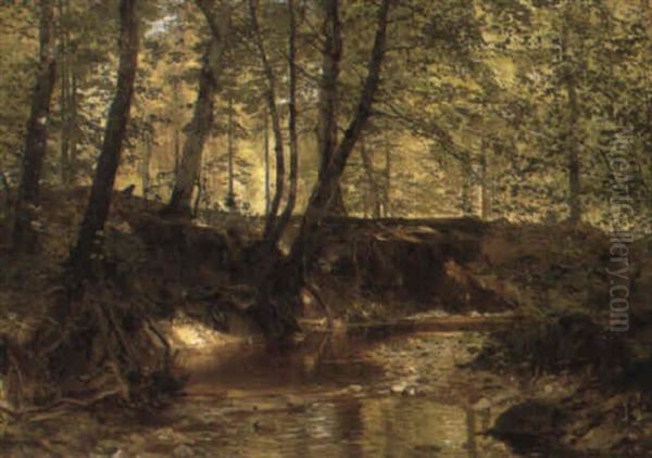 A Woodland Stream Oil Painting by Anders Andersen-Lundby