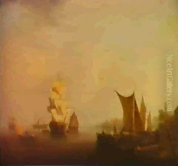 Dutch Barges And Men Of War Off The Coast In Calm Waters Oil Painting by William Anderson