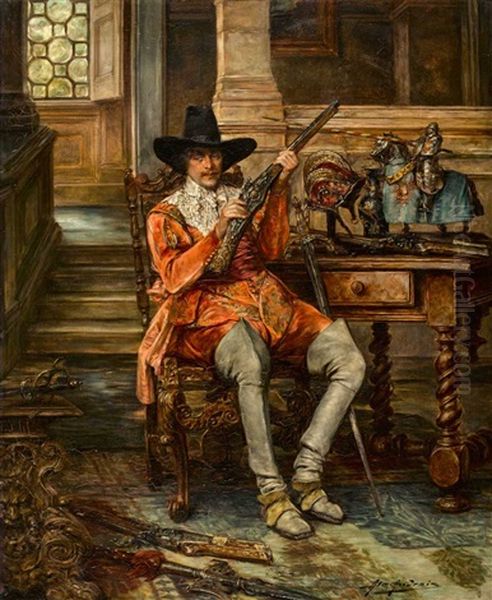 Kavalier In Interieur (in Der Waffen-wunderkammer) Oil Painting by Alex De Andreis