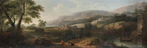 An Extensive Italianate Landscape With Figures Resting By A River Oil Painting by Paolo Anesi
