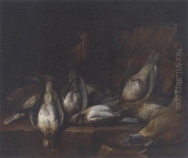 Dead Game And A Caged Bird On A Ledge In A Larder Oil Painting by Philips Angel