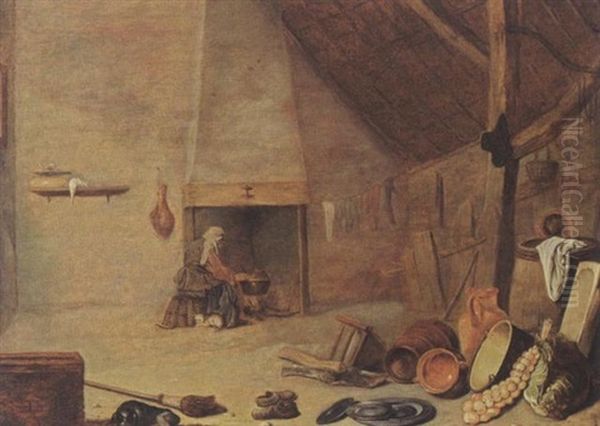 A Barn Interior With A Kitchen Still Life And A Woman Cooking On A Fire In The Background Oil Painting by Philips Angel