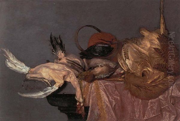 A Bittern, A Jay And Other Dead Game Birds On A Draped Table Oil Painting by Philips Angel