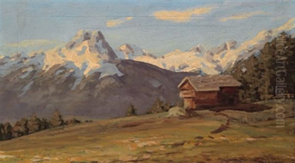 Alm, Im Hintergrund Schneebedeckte Berge Oil Painting by Max Angerer