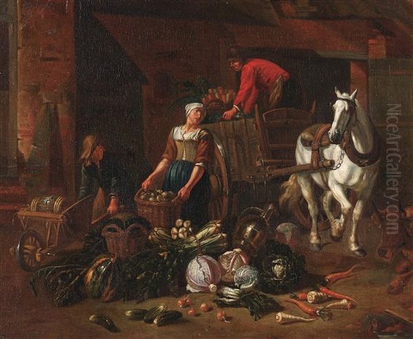 Gemusehandler Mit Pferdekarren Und Schubkarre Oil Painting by Pieter Angillis