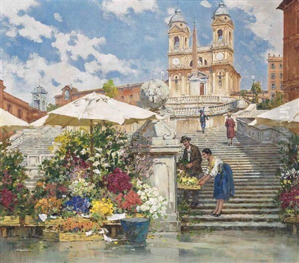 The Flower Seller On The Spanish Steps, Rome, With Trinita Dei Monti Beyond Oil Painting by Filippo Anivitti