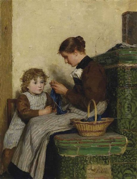 Bertha Gugger Mit Tochter Oil Painting by Albert Anker
