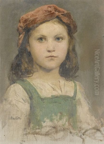 Bildnis Eines Madchens Mit Roter Kopfbedeckung Oil Painting by Albert Anker