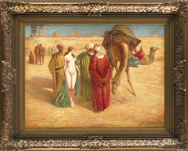 Sklavenmarkt Vor Der Stadt, Darstellung Mehrerer Araber Mit Einer Jungen, Unbekleideten Sklavin Oil Painting by Eugene Ansen-Hofmann