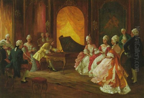 Hofische Gesellschaft Der Rokokozeit Im Musiksalon Um Das Spinett Versammelt Oil Painting by Eugene Ansen-Hofmann