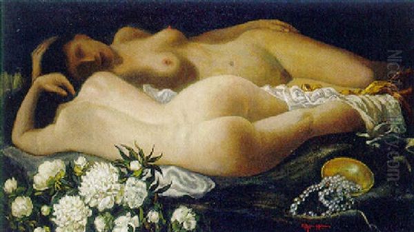 Zwei Liegende Weibliche Akte Auf Bett Mit Weisen Pfingstrosen Oil Painting by Eugene Ansen-Hofmann