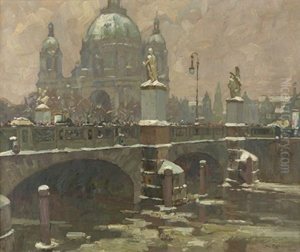 Winterliches Treiben Auf Der Berliner Schlossbrucke Mit Blick Auf Den Dom Oil Painting by Otto Antoine