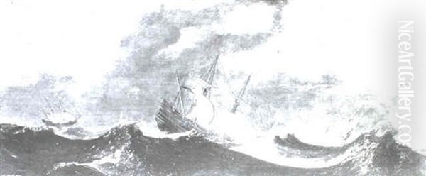 Shipping On A Stormy Sea Oil Painting by Aert van Antum