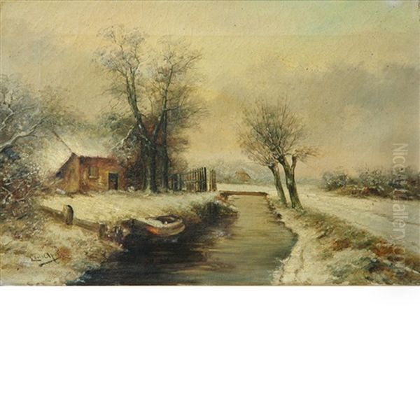 House In A Snowy Landscape Oil Painting by Louis Apol