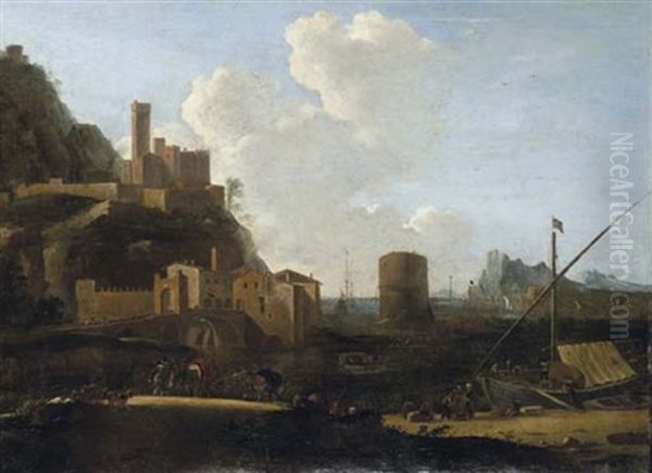 Veduta Su Un Porto Mediterraneo (+ Paesaggio Laziale Con Viandanti; 2 Works) Oil Painting by Bartholomeus Appelman