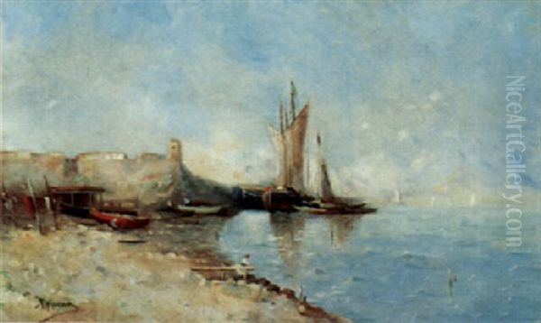 A Fishing Village Oil Painting by Adolphe Appian