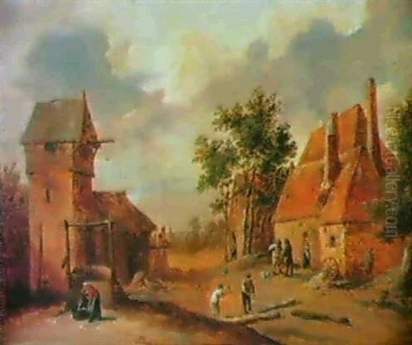 Eine Dorfstrasse Mit Bauern. Oil Painting by Thomas Van Apshoven
