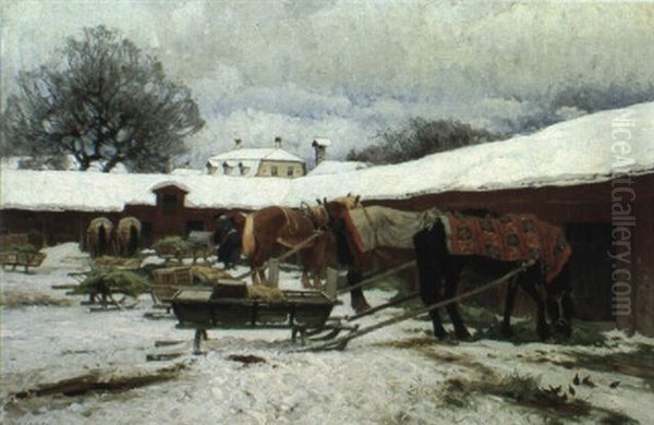 H,stekipage Pa Stallbackenvintermotiv Oil Painting by Olof Arborelius