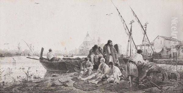 Fischergruppe Bei Ihren Booten Vor Venedig Oil Painting by Andreas Achenbach