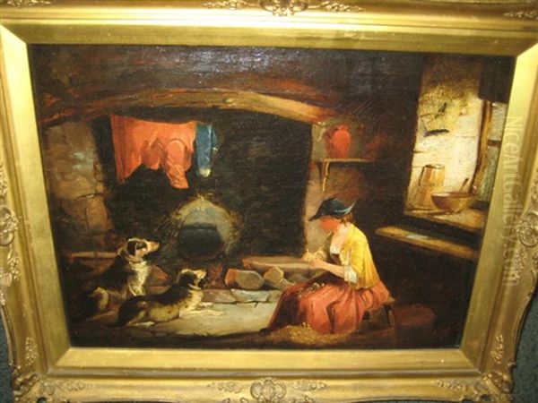 Interior Hearth Scene With Seated Woman Near Two Resting Dogs Oil Painting by Edward Armfield