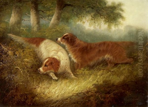 Zwei Jagende English Setter In Waldinnerem Oil Painting by George Armfield