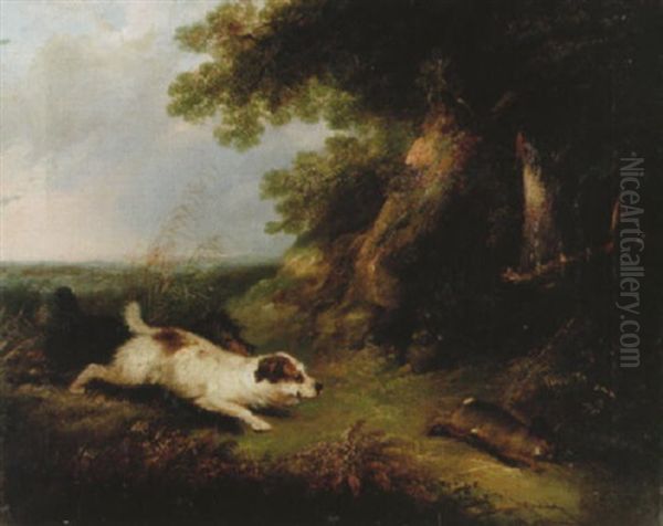Landskap Med Terrier Jagande Hare Oil Painting by George Armfield