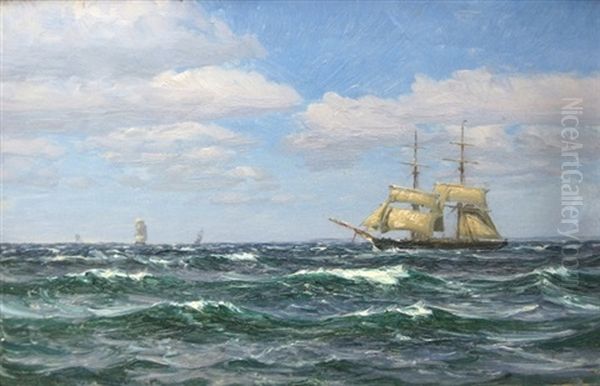 Sejlskib Pa Abent Hav, I Baggrunden Tre Skibe Oil Painting by Vilhelm Karl Ferdinand Arnesen