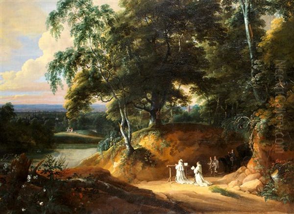 An Extensive Landscape With Monks At Prayer Oil Painting by Jacques d' Arthois