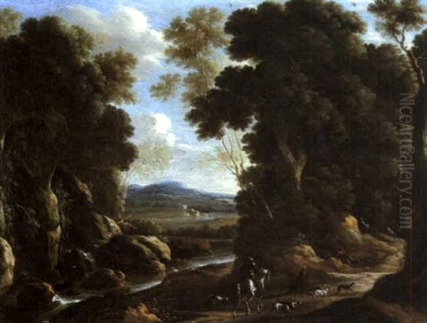 Paysage Boise Anime De Chasseurs Oil Painting by Jacques d' Arthois