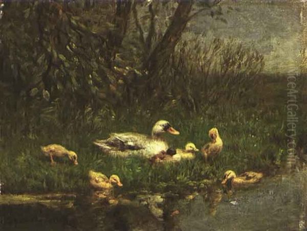 Entenmutter Am Teich Oil Painting by David Adolph Constant Artz