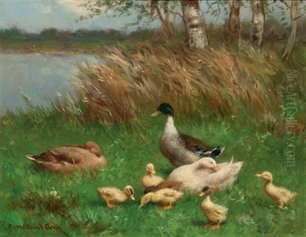 A Duck Family By A Pond Oil Painting by David Adolph Constant Artz