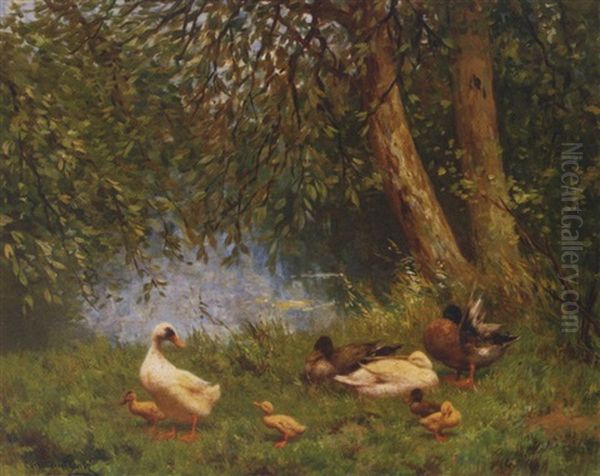 A Duck Family On A Riverbank Oil Painting by David Adolph Constant Artz