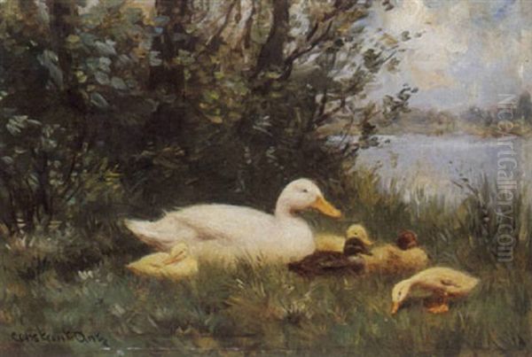Duck And Ducklings On A Riverbank Oil Painting by David Adolph Constant Artz