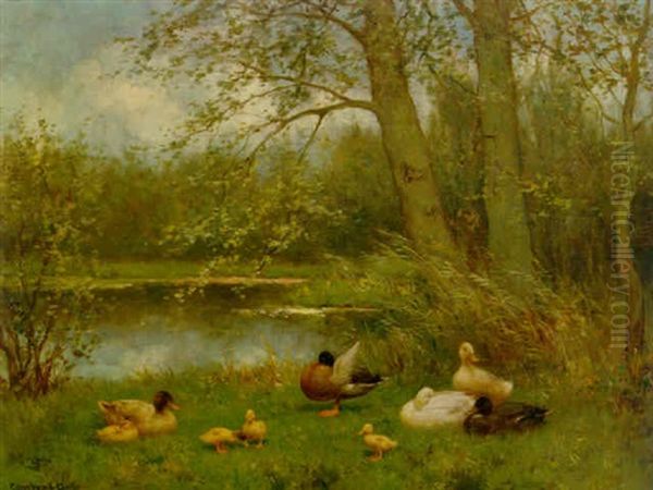 A Duck Family Oil Painting by David Adolph Constant Artz