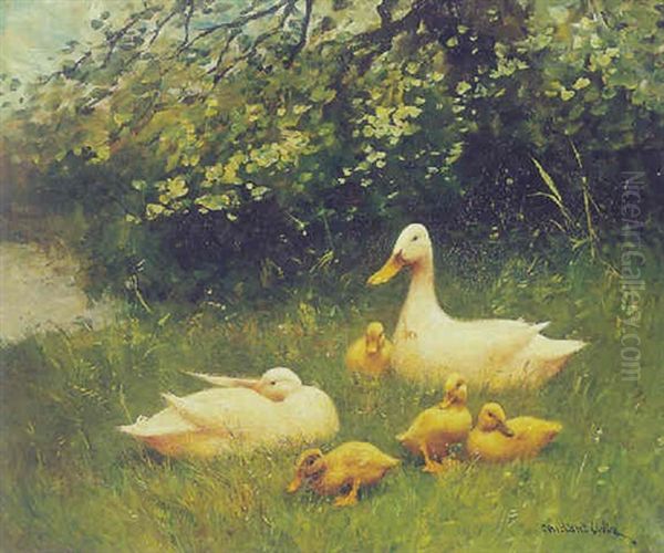 Ducks With Ducklings In The Grass Oil Painting by David Adolph Constant Artz